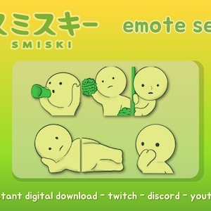 Könnte beinhalten: Ein Set aus sechs digitalen Emoticons mit einem gelben Charakter mit verschiedenen Ausdrücken. Der Charakter ist als "Smiski" bekannt und hält einen grünen Brokkoli, schaut um eine Ecke, trinkt aus einer Flasche, liegt auf dem Boden und bedeckt seinen Mund. Der Text "Smiski emote set" wird über den Emoticons angezeigt.