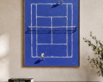 May include: A rectangular wall art piece featuring a textured, deep blue tennis court with white painted lines and a central net. Two small figures are positioned on opposite sides of the court, each holding a tennis racket, with shadows cast.