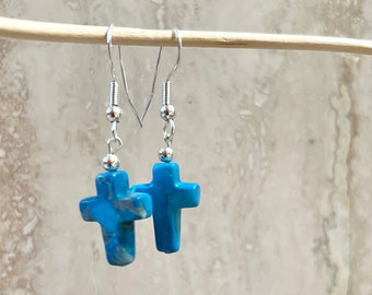 Dyed Howlite Cross Earrings in Sterling Silver