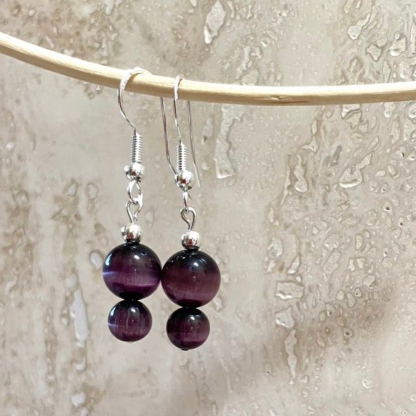 Purple Cat's Eye Earrings in Sterling Silver