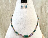 Malachite, Amethyst, and Green Dyed Quartz Earring and Necklace Set.