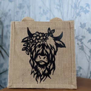 HIGHLAND COW Small Hand bag, Shopping bag, hessian Bag, Cow Bag, Highland Cow Gift