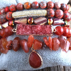 Druzy Stone Brick Red and Gold Beaded Stacked Bracelet with Drop Charm - Set of 5