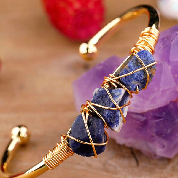 Natural Raw Quartz Blue Sodalite Crystal Bangle Wire Wrapped Gold Cuff Bracelet