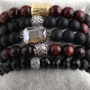 Black Red Rust Gold and Silver Beaded Stone Stacked Bracelet - Set of 5
