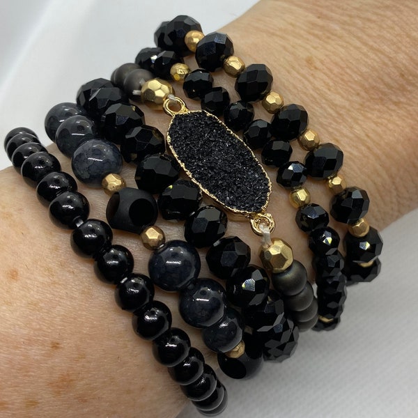Acrylic and Stone Bead Black and Gold  Bracelet Stacked Set of 6