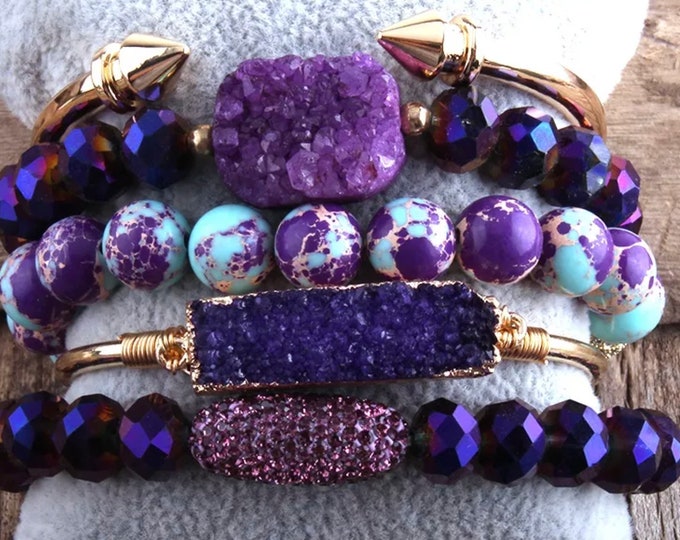 Purple Druzy Stone and Gold Stacked Bracelet With Gold Cuff, Druzy Cuff