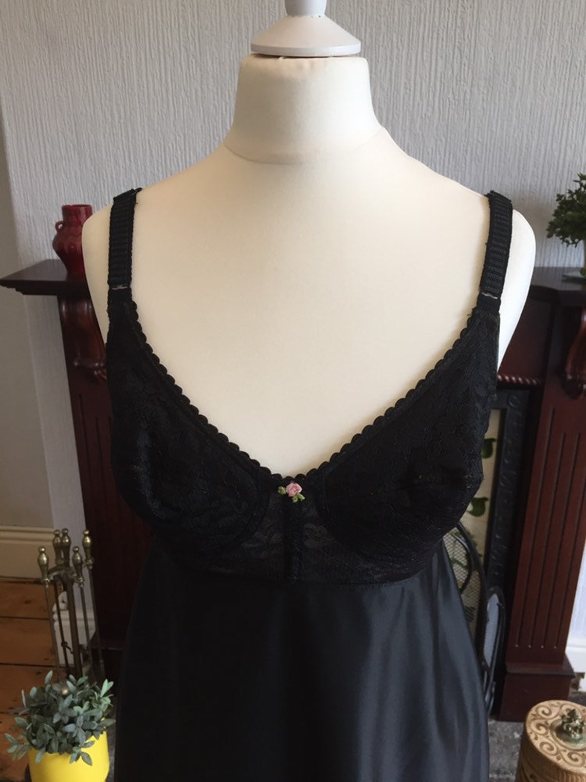 60s long black slip black nylon and lace black vintage | Etsy