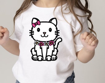 cat and flowers t-shirt, girls cat shirt, white cat lover gift, cat tees for toddlers, cat birthday gift for tween girl, cat wearing bow