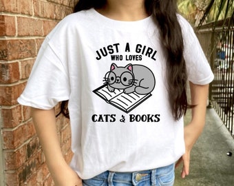 just a girl who loves cats and books shirt, cute birthday gifts for kids, cat gifts for girls, toddler cat shirts, cat tshirts for kids
