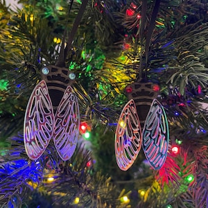 May include: Two iridescent, clear plastic cicada ornaments hanging on a Christmas tree. The ornaments are detailed with black lines and have iridescent green and red accents.
