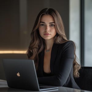 May include: A woman with long brown hair is sitting at a desk with a laptop in front of her. She is wearing a black blazer and a necklace with the word "LOVE" on it.