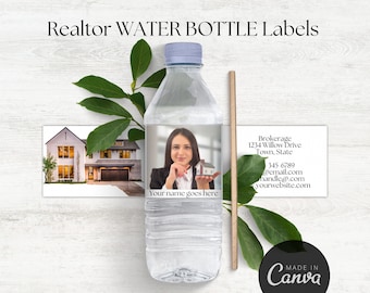 May include: A water bottle label template for real estate agents. The label features a photo of a house, a realtor's headshot, and contact information. The text on the label reads "Your name goes here", "Brokerage", "1234 Willow Drive", "Town, State", "345-6789", "@email.com", "handle@.com", and "yourwebsite.com".