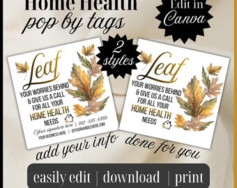 FALL HOME HEALTH pop by tag Editable Canva Template | Leaf your worries behind| business marketing farming gift patient favor candy drop off