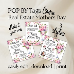 JOYEUSE FÊTE DES MÈRES Momosa Real Estate Pop By Tags pour cadeau Image d'agent immobilier modifiable Modèle Canva Marketing Flower popby Spring Farming Tag