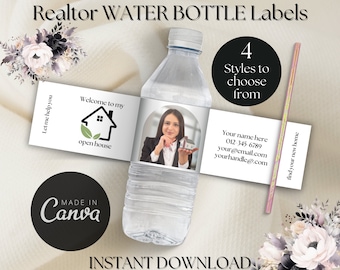 REALTOR PICTURE Open House Water Bottle Label Templates Realtor Marketing Tools | Realtor Editable Canva Template Real Estate Farming Tag