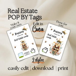 POP BY REALTOR Bewerkbaar Komt voorbij voor al je vastgoedbehoeften bijenkorf marketing landbouw Canvasjabloon bloem cadeau gunst snoep tag kaart