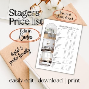 May include: A white price list titled "Stagers Price list" with the text "Edit in Canva" and "Instant download". The document includes sections for kitchen, living room, bedroom, bathroom, and extras. The words "digital & printer friendly" are also visible.