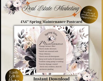 Realtor SPRING HOME MAINTENANCE checklist, Real Estate Postcard Mailer drop by Marketing Tool Editable Canva Farming Agent Template Branding