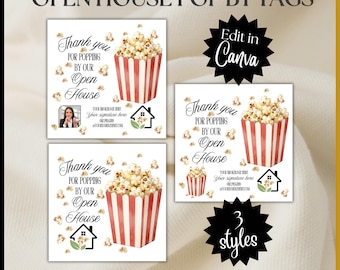 OPEN HOUSE Real Estate PopBy Realtor Picture Edit Canva Template Marketing farming gift tag Thank you popping by POPCORN treat card drop by