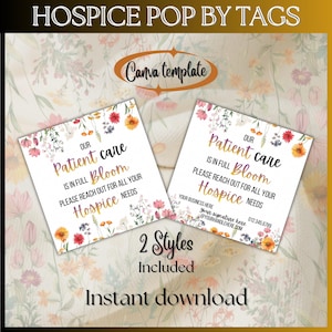 Peut inclure: Deux modèles Canva à thème floral pour les soins palliatifs. Les modèles présentent le texte "Our Patient Care is in Full Bloom" avec des accents floraux. L'image comprend également le texte "2 Styles Included" et "Instant download".
