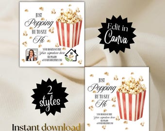 Realtor popping by to say hi Real Estate PopBy Picture Edit Canva Template Marketing farming gift tag POPCORN treat card Home Health drop by