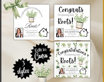 Congratulations on Planting New Roots pop by tag realtor picture | Edit Canva Template | neighborhood Farming popby Real Estate gift card