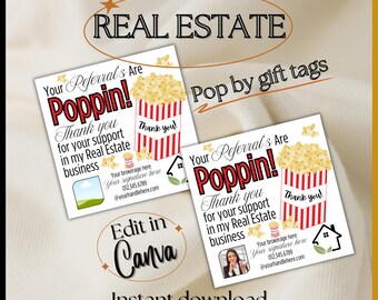 Real Estate PopBy Realtor Picture Edit Canva Template Marketing farming gift tag | Referral Thank you POPCORN treat card drop by popping bys