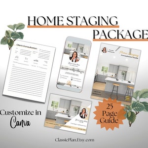 GUÍA DE HOME STAGING Formularios de informes de consulta y marketing de Stager Agricultura inmobiliaria mostrando preparación de listado Hojas de trabajo de lista de verificación Plantilla Canva