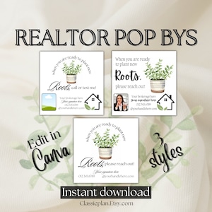 Puede incluir: Tres estilos diferentes de tarjetas de visita de agente inmobiliario con una planta verde en una maceta y el texto "Cuando esté listo para plantar nuevas raíces, ¡póngase en contacto!" Las tarjetas también incluyen el texto "Su agencia aquí, Su firma aquí, 012.345.6789, @yourhandlehere.com".
