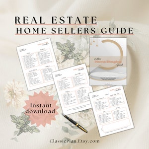 May include: A printable real estate home sellers guide with checklists and a home staging guide. The guide includes checklists for preparing the home for sale, staging the home, and creating a to-do list for repairs. The guide is available for instant download.