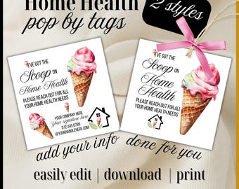 I've got the scoop on Home Health pop by | Canva Template treat tag neighborhood Farming edit gift tag Caregiver favor card client drop by