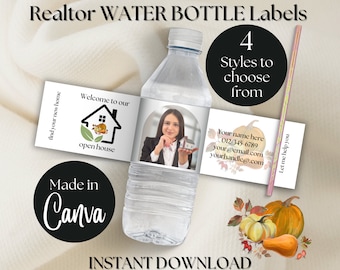 FALL Open House Water Bottle Label wrapper Template Marketing Tool Realtor Editable Canva Template for Autumn Real Estate Agent & lender