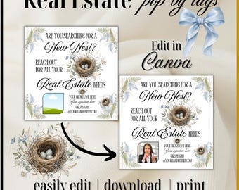 Pop By Realtor Picture | Searching for a New Nest | Edit Canva Template | Real Estate Spring summer neighborhood Farming Tag favor card