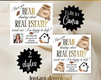 Pop By Realtor Picture | Have you BEAN thinking about Real Estate | Edit Canva Template | Spring summer neighborhood Farming Tag popby card