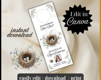 Real Estate door hanger tag | Searching for a New Nest | Edit Canva Template | Spring summer neighborhood Farming realtor marketing card