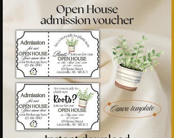 OPEN HOUSE invitation voucher Real Estate PopBy | Realtor Canva Template Marketing farming tag | Plant New Roots drop by card edit lead gen