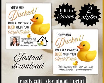 You’ve been DUCKED Real Estate Pop by tag realtor picture | Edit Canva Template neighborhood Farming client gift instant download yellow