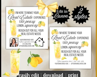 Pop by “Easy Peasy Lemon Squeezy” Realtor Picture tag | Edit Canva Template neighborhood Farming yellow lemonade card gift instant download