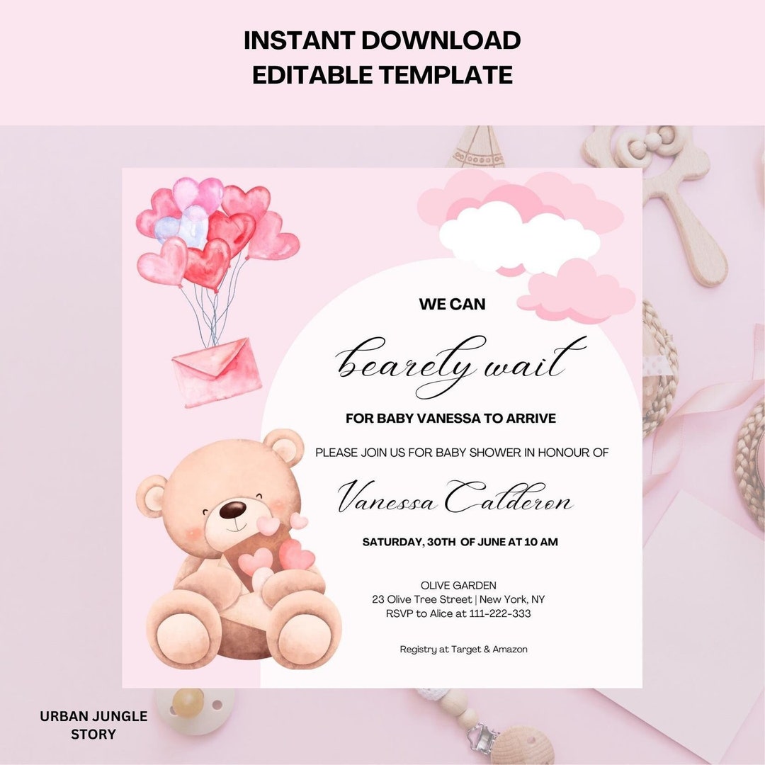 Editable Pink We Can Bearly Wait Teddy Bear Theme Baby Shower Pink ...