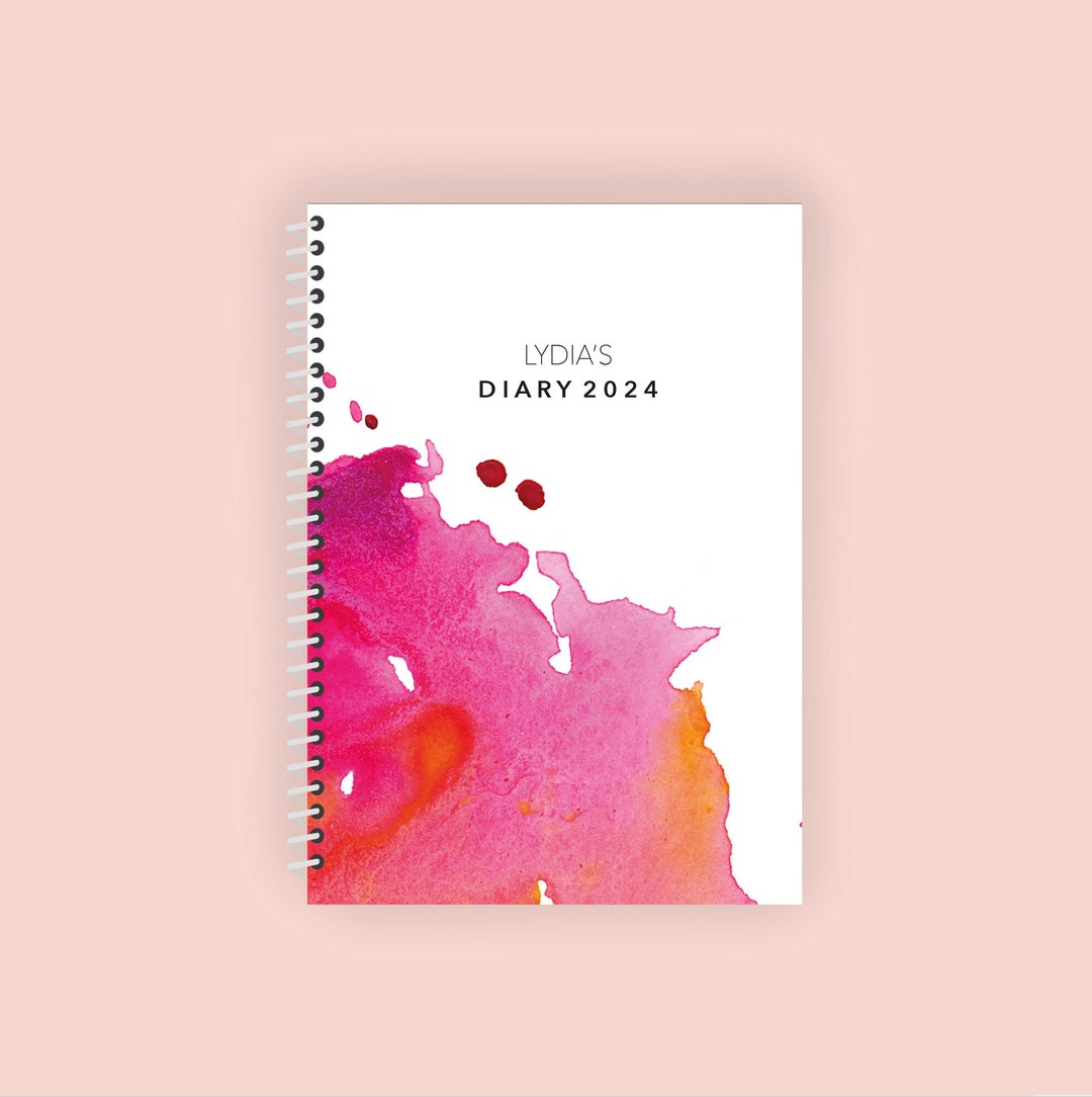 2024, A5, Pink Watercolour Diary, Personalised Diary, Week to View, Personalised Cover, 2024