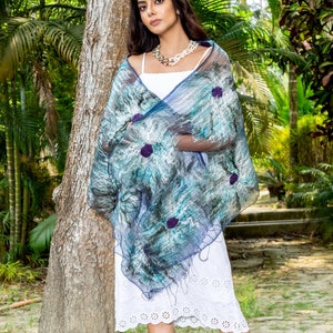 Soft handmade wedding scarf/wrap/shawl made from silk and acrylic wool, flowy floral arctic hues, blue white and grey scarf