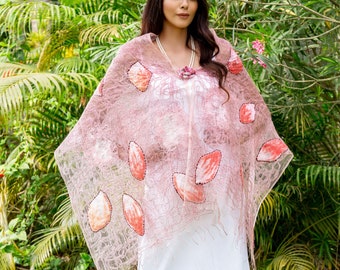 Scarf made from pure silk and nuno felted with soft fluffy acrylic, leafy design-pink-red-white pallete, body wrap and shawl