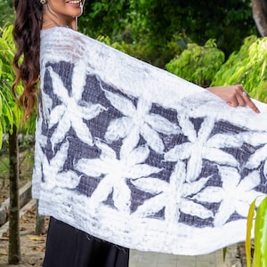 Snowy White and Black Shawl, Floral Design Felt Wrap Scarf, White Wrap with Knitted Brooch, Winter Scarf for Women, Wool and Silk Scarf Wrap image 1