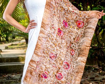 Sciarpa in seta e lana fatta a mano – Scialle leggero marrone con motivi a rose – Scialle artistico unico nel suo genere