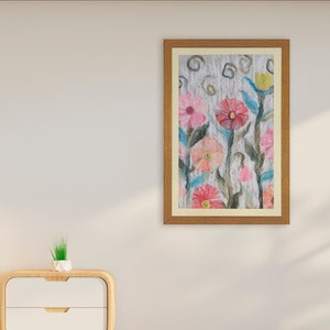 Whimsical Blooms - Handmade Framed Textile Floral Artwork, Handmade Felted Silk Tapestry, Textile Home Decor Art, Fabric Wall Hanging