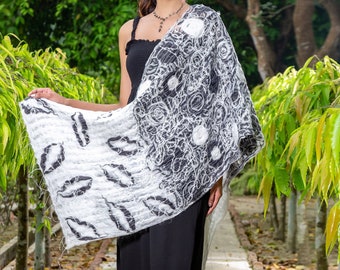 Black and White Shawl, B&W Scarves and Wraps, Shawl for Women, Ladies Scarf, Leafy Scarf, Silk and Wool Felted Scarf, Cold Weather Wrap