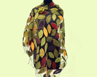 Olive Green Scarf, Green Scarves and Wraps, Shawl for Women, Felted Scarf, Leaf Pattern Scarf, Silk and Wool Felted Scarf, Cold Weather Wrap