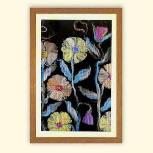 Mystical Blooms - Handmade Floral Dark Wall Hanging, Framed Fabric Art, Handmade Felted Tapestry, Textile Home Decor, Fabric Wall Hanging
