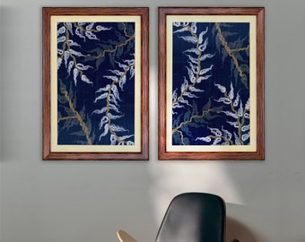 Whispers of Tranquility - Handmade Navy Framed Textile Art, Framed Fabric, Handmade Felted Art, Home Decor Portrait, Fabric Leafy Painting